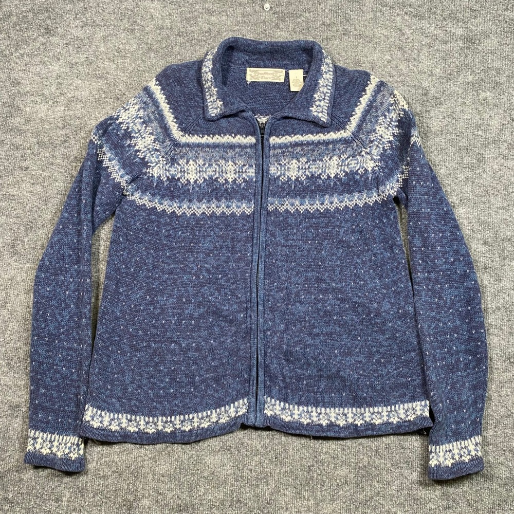 Tiara International Womens Blue Fair‎ Isle Nordic Full Zip Cardigan Sweater L